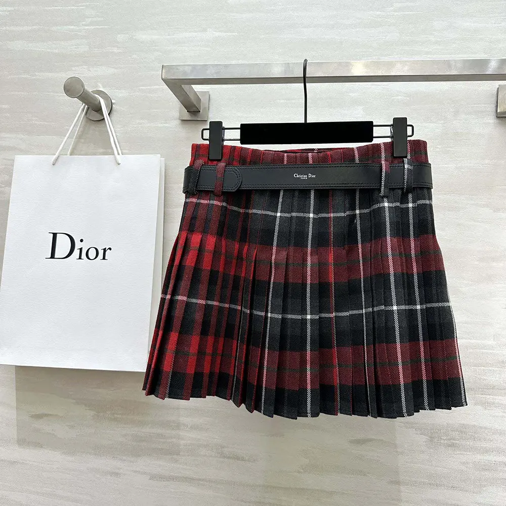 Dior Women Belted Short Kilt Red Gray and Black Check’n’Dior Virgin Wool
