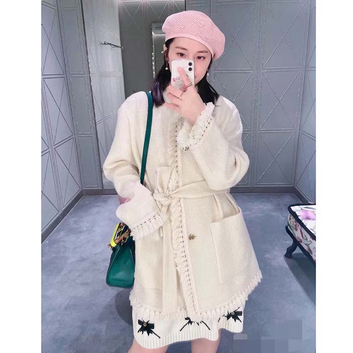 Gucci Women GG Belted Wool Bouclé Jacket White Ribbon Lined Detachable Patch Pockets