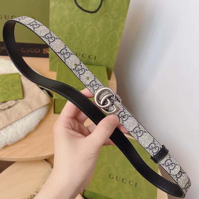 Gucci Unisex GG Marmont Reversible Thin Belt Beige Ebony GG Supreme Canvas Double G Buckle