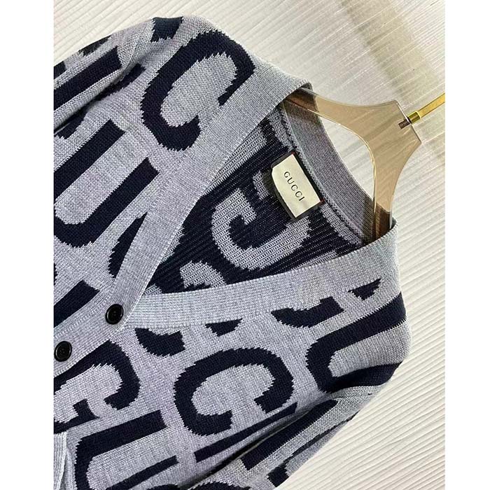 Gucci Women GG Cardigan Gucci Intarsia Grey Wool Blue V-Neck Dropped Shoulder Long Sleeves Two Pockets