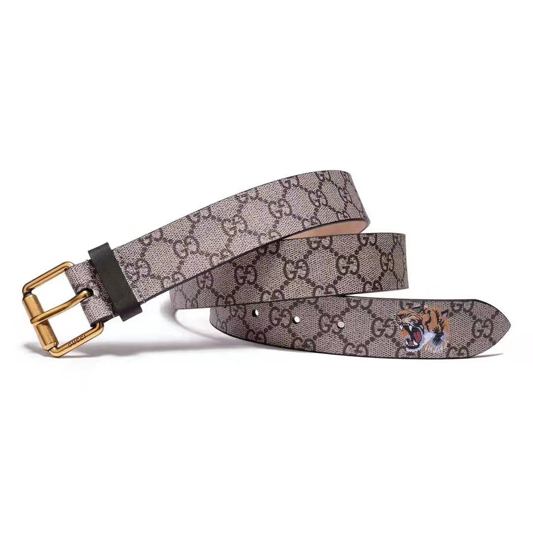 Gucci Unisex Tiger Print GG Supreme Belt in Beige/Ebony GG Supreme Canvas