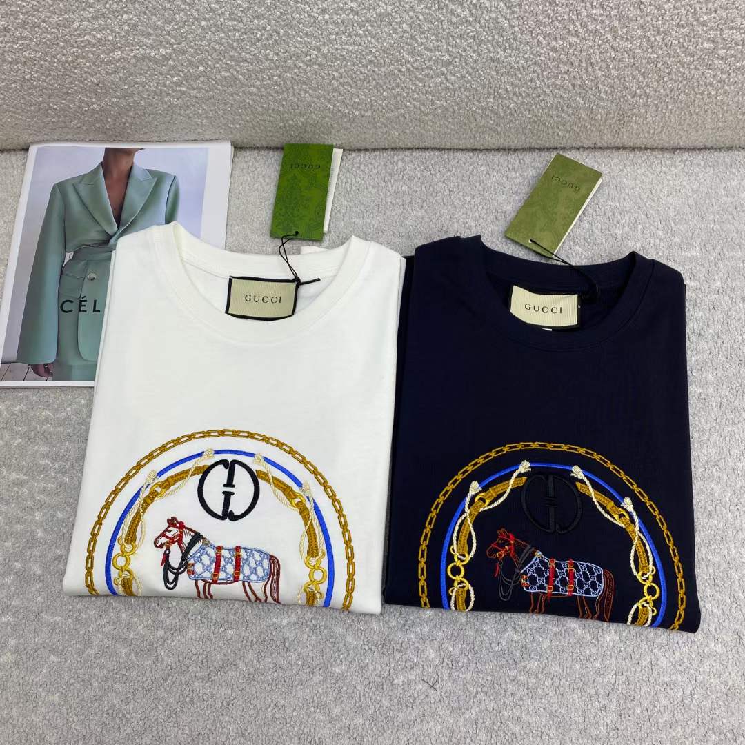 Gucci Women GG Cotton Jersey T-Shirt Interlocking G Crystal Crewneck