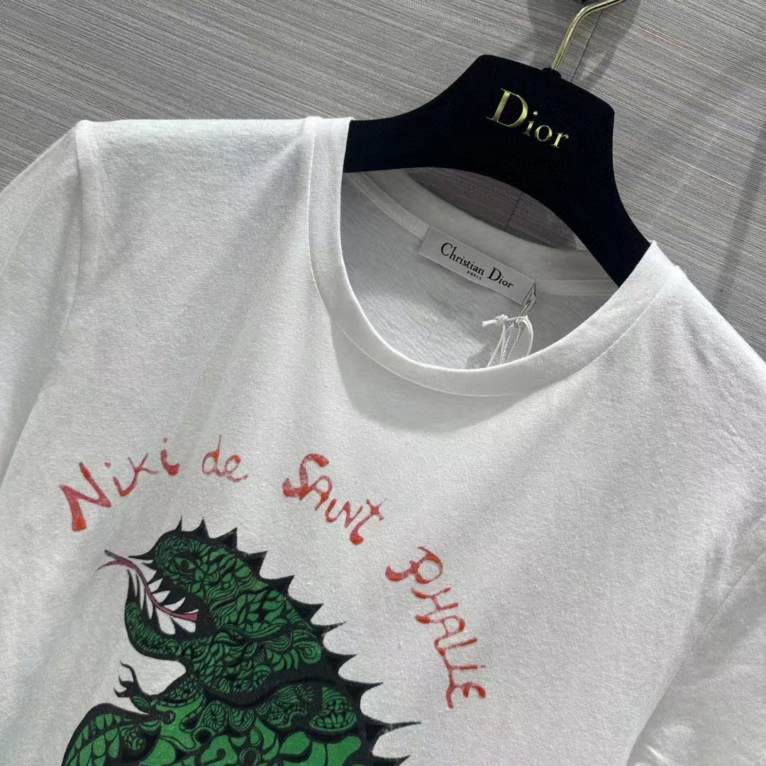 Dior Men CD T-Shirt White Cotton Linen Jersey Green Dragon Motif