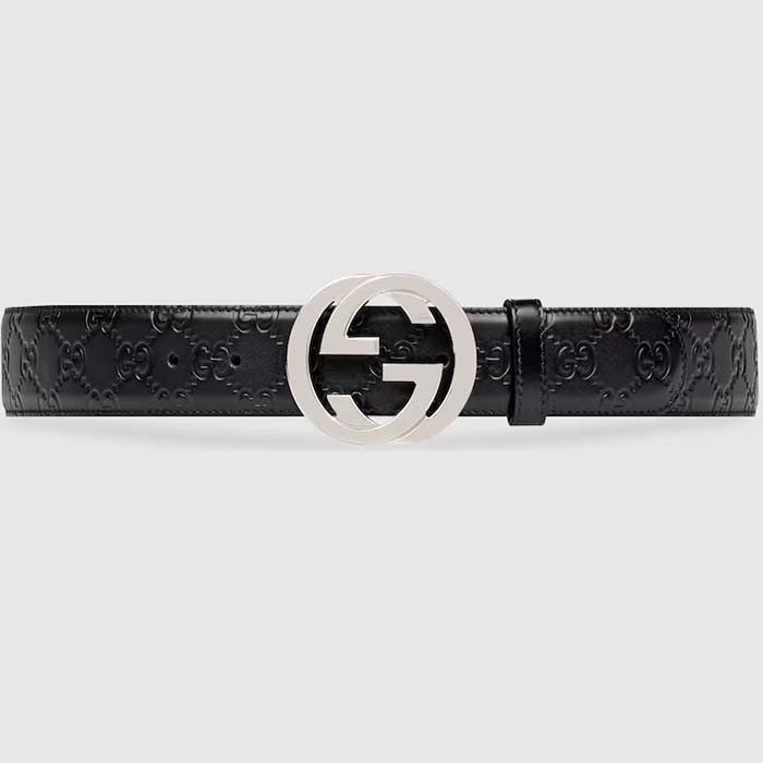 Gucci Unisex GG Signature Leather Belt Black Interlocking G Buckle 3.8 CM Width