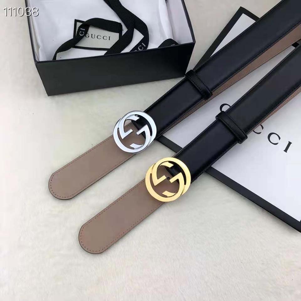 Gucci GG Unisex Leather Belt with Interlocking G Buckle 4 cm Width
