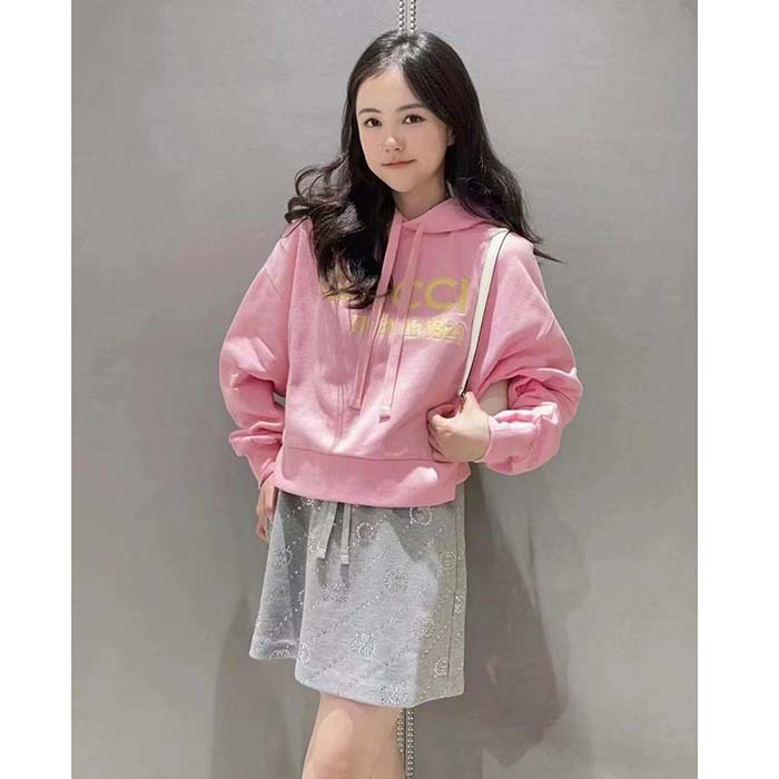 Gucci Women GG Hooded Sweatshirt Embroidery Firenze 1921 Drawstring Closure Dropped Shoulder Long Sleeves