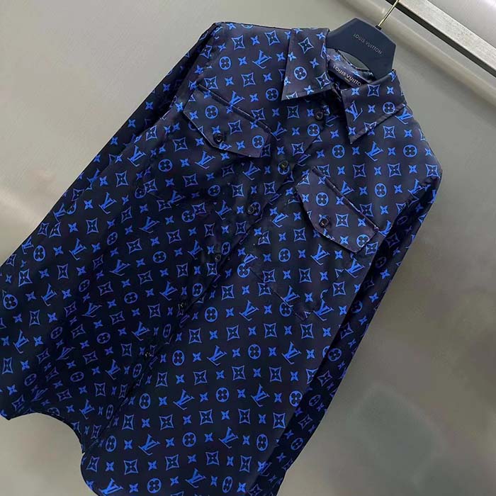 Louis Vuitton LV Women LV Monogram Silk Pleated Shirt Silk Navy