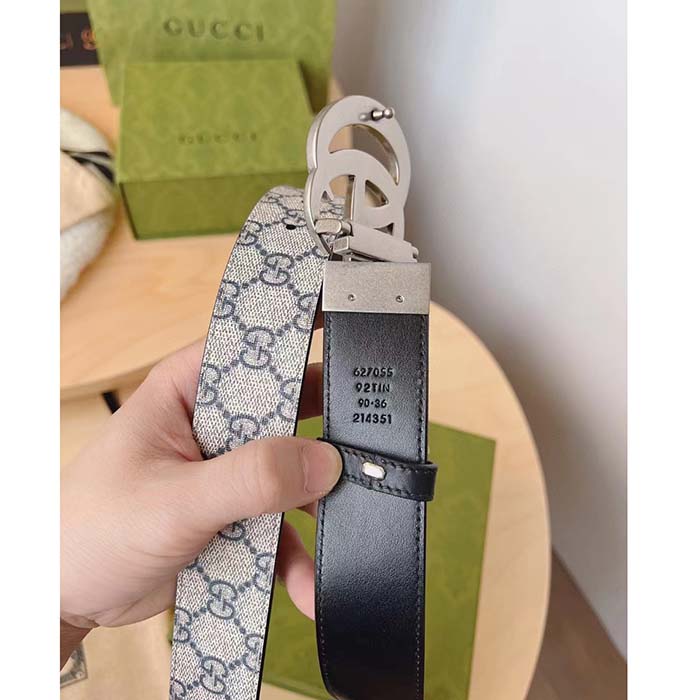 Gucci Unisex GG Marmont Reversible Belt Beige Blue GG Supreme Canvas Double G Buckle