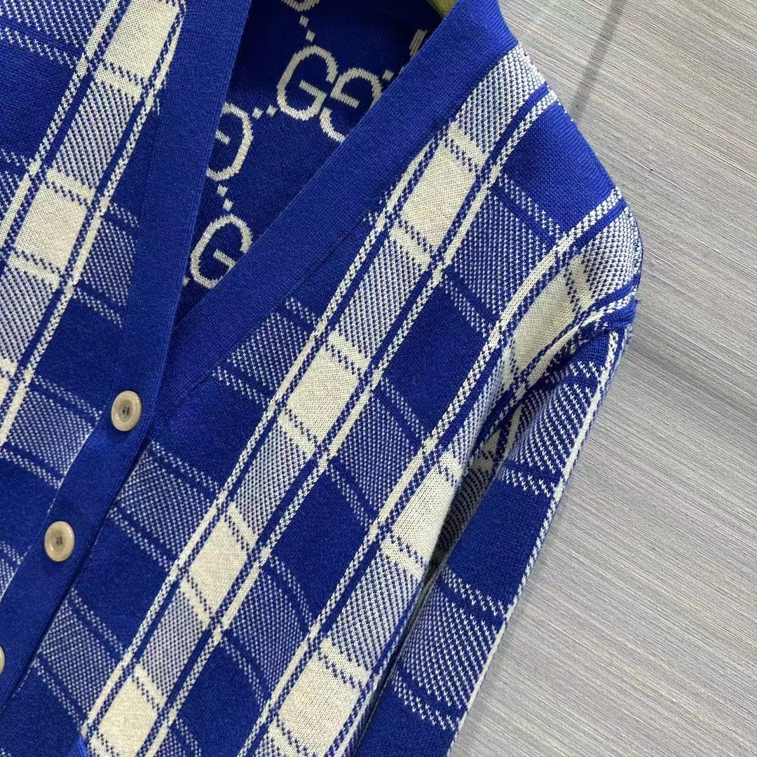 Gucci Women Reversible Checked Wool Cardigan V-Neck Dropped Shoulder Blue Ivory Maxi GG