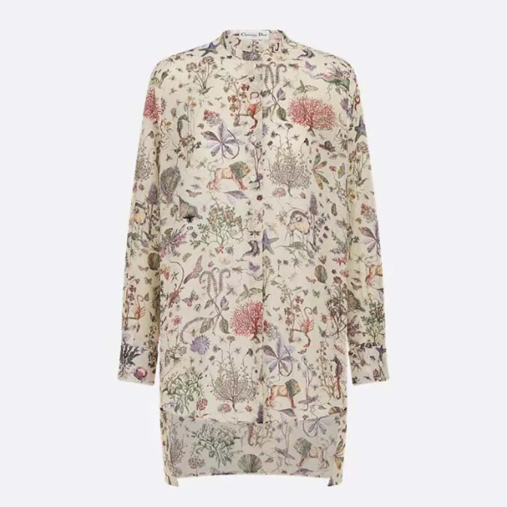Dior Women Long Blouse White Cotton Muslin with Multicolor Dior Cabinet de Curiosités Motif