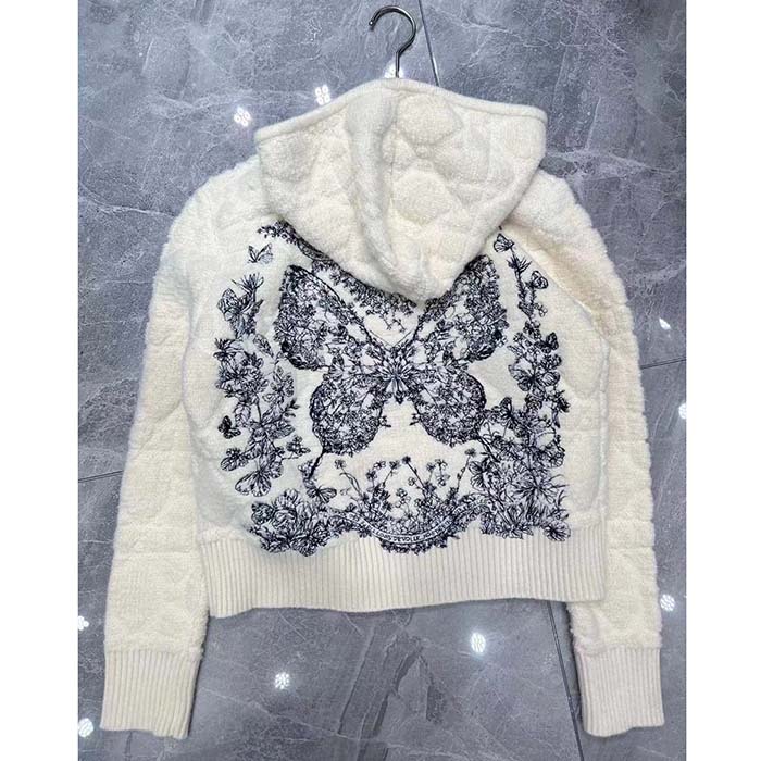 Dior Women CD Macrocannage Zipped Cardigan Technical Wool Cashmere White Knit