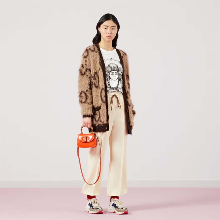 Gucci Women Reversible GG Mohair Wool Cardigan Brushed GG Jacquard Blend V-Neck Front Pockets