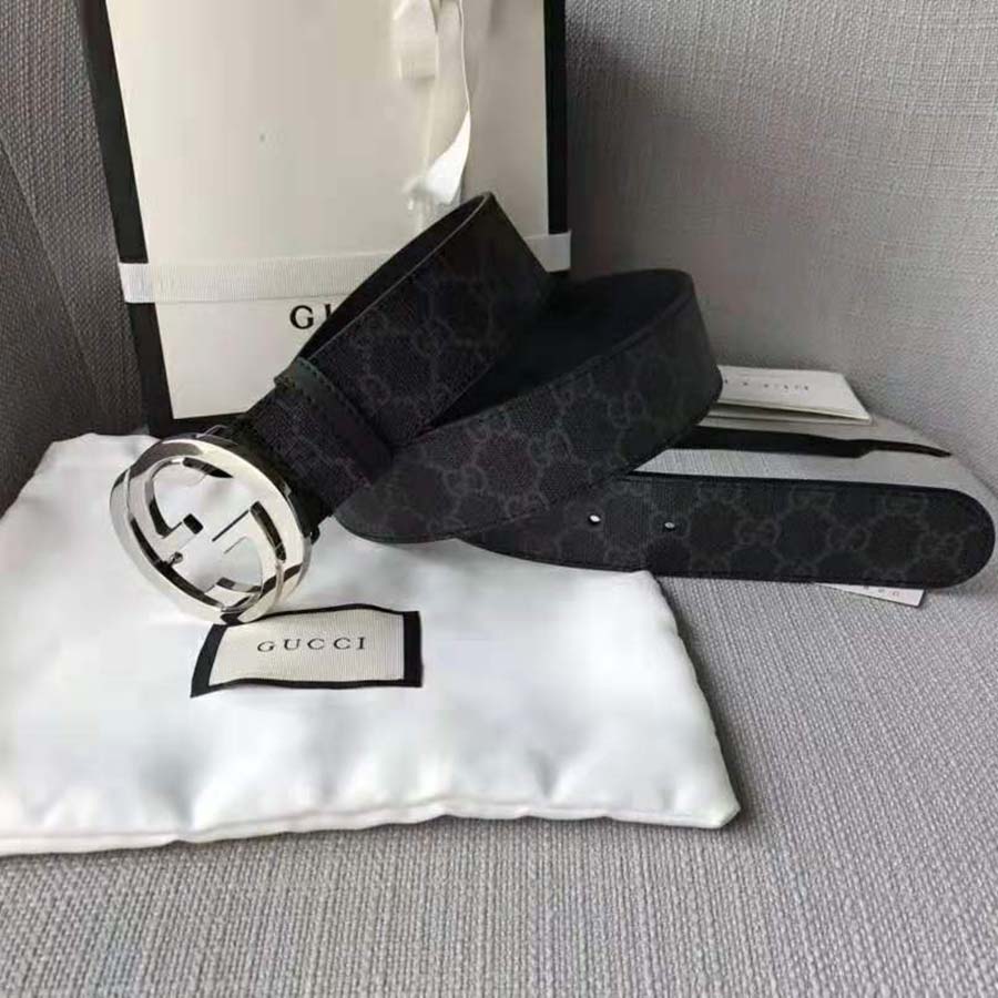 Gucci Unisex GG Supreme Belt with G Buckle in Black/Grey GG Supreme Canvas