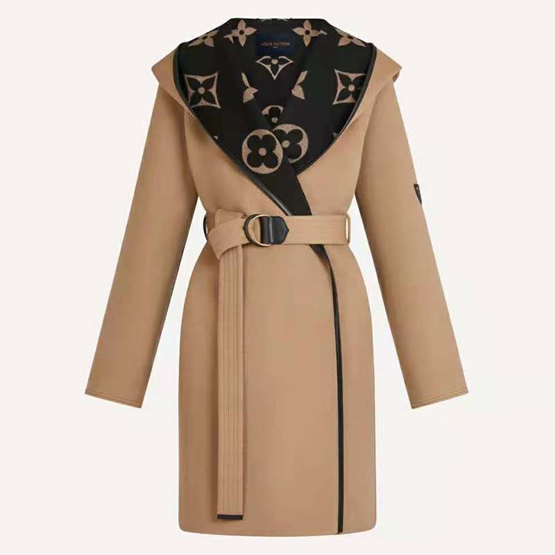 Louis Vuitton Women Giant Monogram Jacquard Wrap Coat in Camel Wool Regular Fit