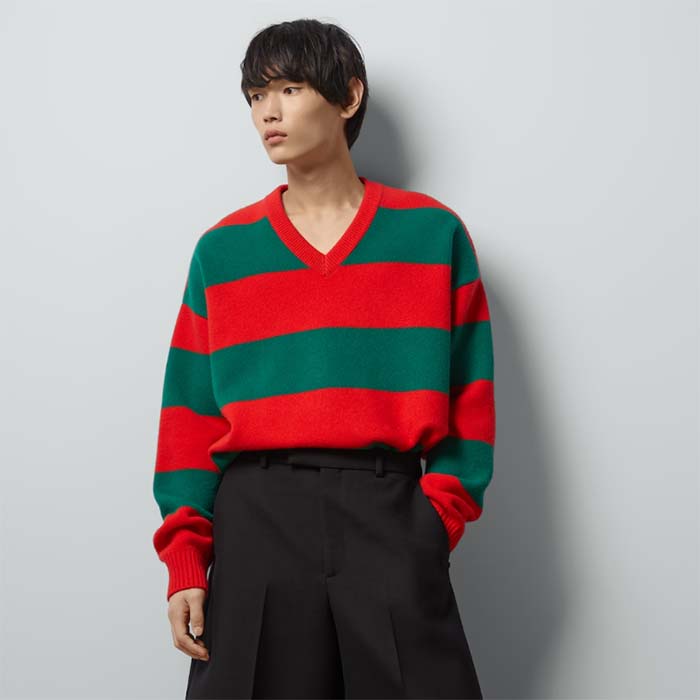 Gucci Men GG Felted Wool Striped Sweater V-Neck Dropped Shoulder Long Sleeves