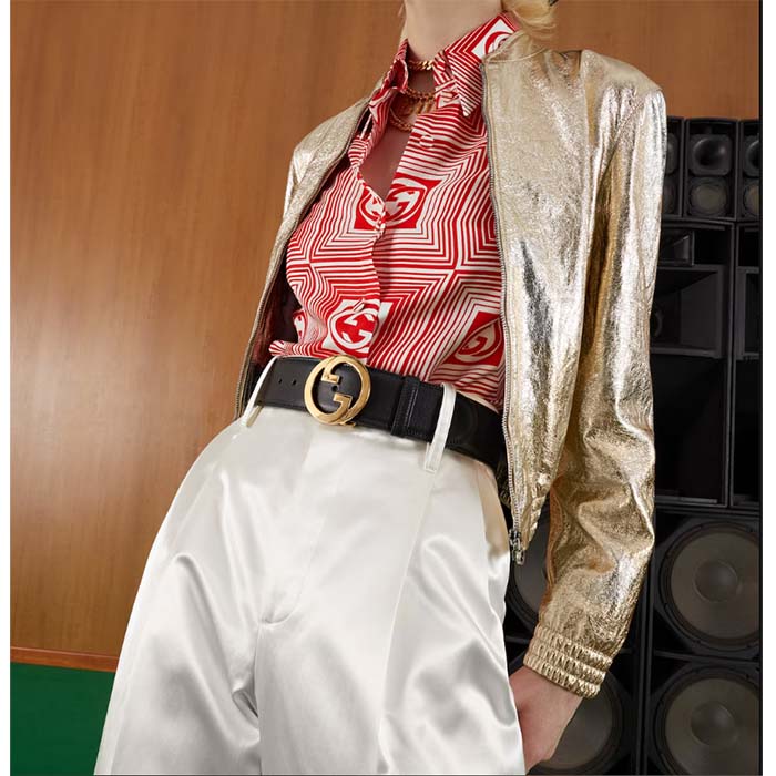 Gucci Unisex GG Blondie Wide Belt Black Leather Round Interlocking G 5 CM Width