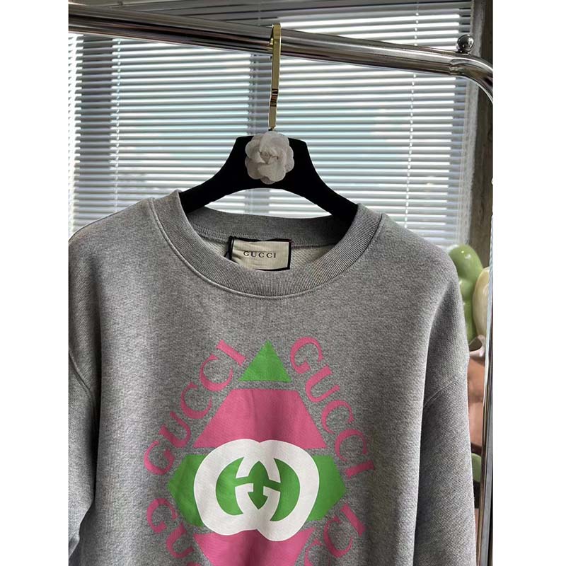 Gucci GG Women Cotton Jersey Sweatshirt Grey Heavy Felted Cotton Crewneck Long Sleeves