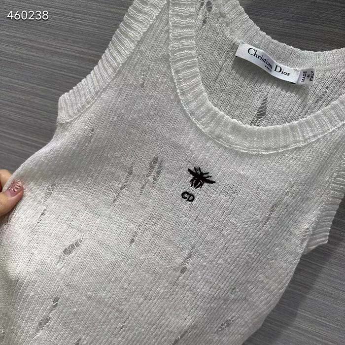 Dior Women CD Tank Top White Technical Linen Knit