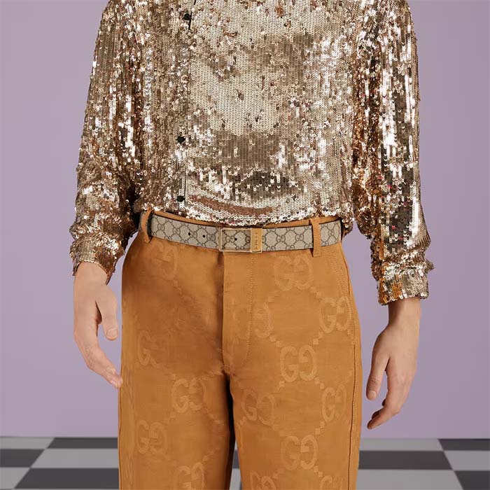 Gucci Unisex Belt Rectangular Buckle Beige Ebony GG Supreme Canvas 3.6 CM Width