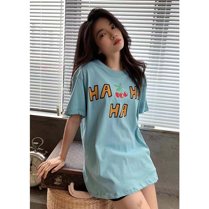 Gucci Women GG HA HA HA Cherry T-Shirt Light Blue Medium Cotton Jersey Crewneck
