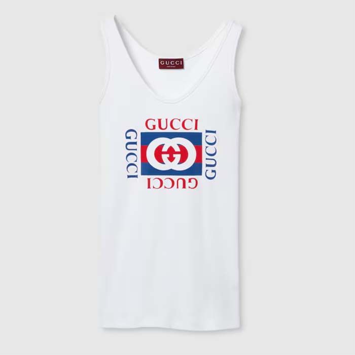 Gucci Women GG Rib Cotton Tank Top Gucci Print White Scoop Neck Sleeveless