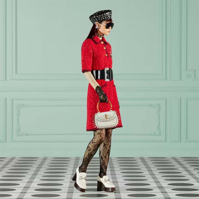 Gucci Women GG Cable Stitch Wool Dress Red Polo Collar Short Sleeves