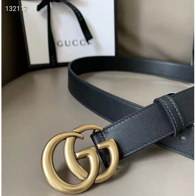 Gucci Unisex Slim Leather Belt Double G Buckle Black Leather 3 cm Width