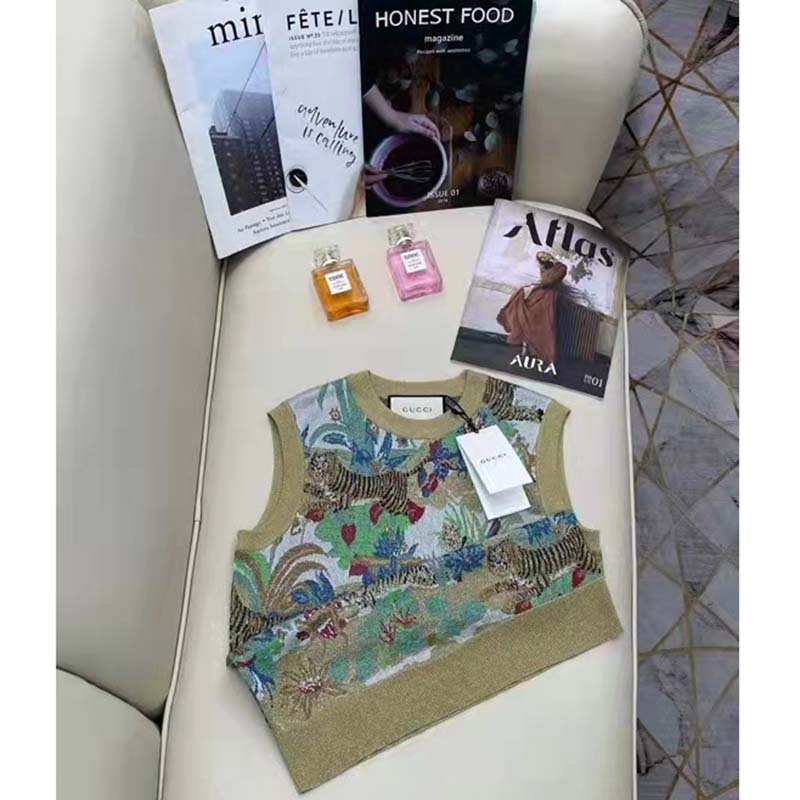 Gucci Women GG Tiger Jacquard Vest Gold Green Tiger Flower Extra Fine Lurex Crewneck