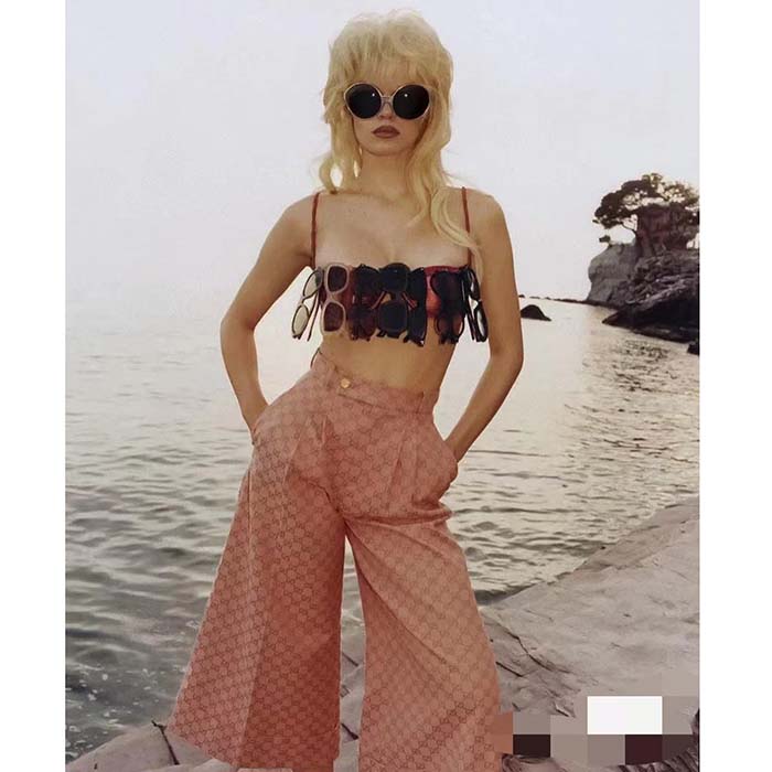 Gucci Women GG Canvas Print Camel Ebony Belt Loops Wide Leg Cropped Length