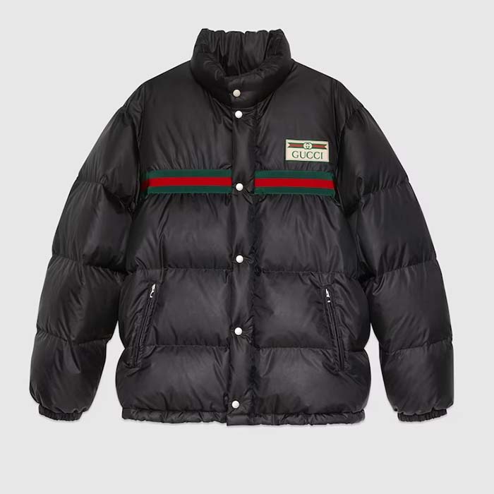 Gucci Women GG Water Repellant Down Jacket Black Water Nylon Satin Zip Front Zip Pockets