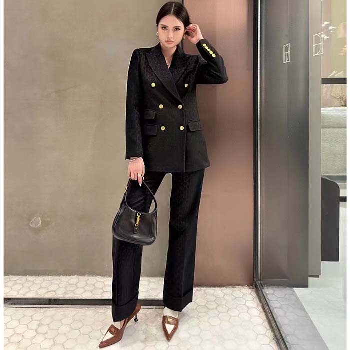 Gucci Women Light GG Canvas Single-Breasted Jacket Peak Lapel Flap Pockets