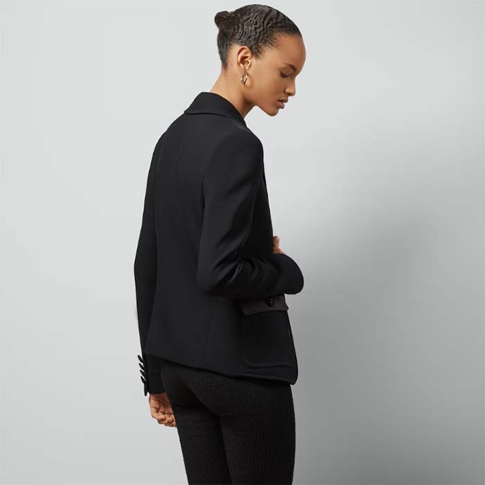 Gucci Women GG Fine Wool Crêpe Jacket Black Satin Unlined Notch Lapel Three Front Pockets