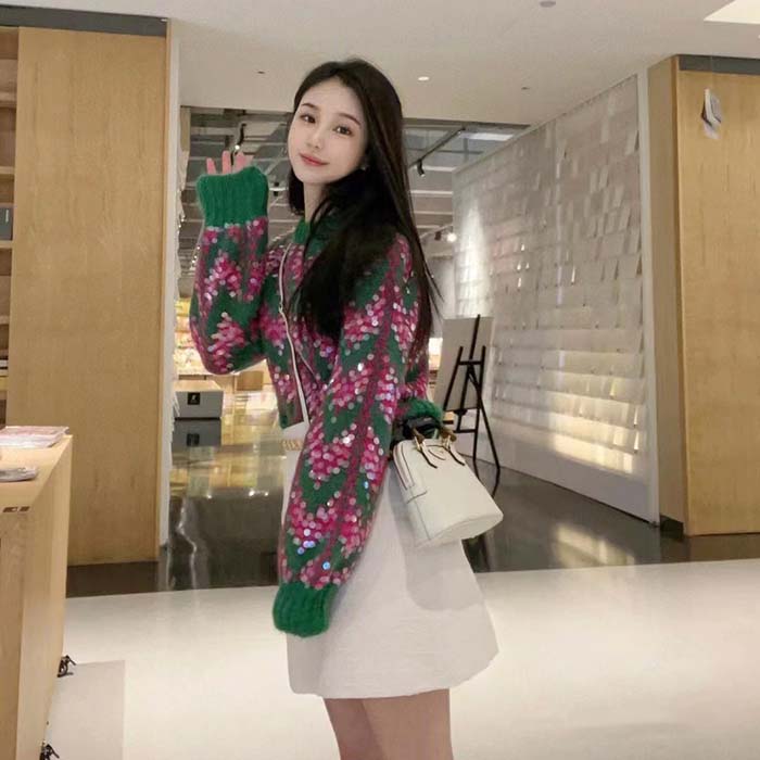 Gucci Women GG Chevron Wool Sequin Sweater Crewneck Mohair Polyamide Puffed Sleeves