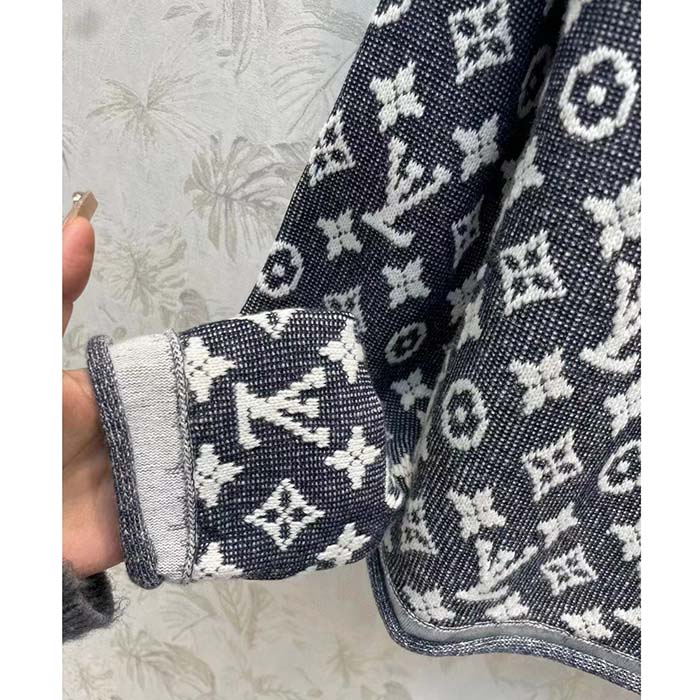 Louis Vuitton Women LV Monogram Jacquard Pullover Wool Cotton Grey Blue Regular Fit