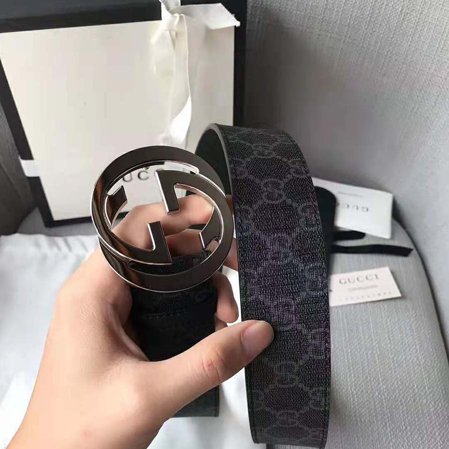 Gucci Unisex GG Supreme Belt with G Buckle in Black/Grey GG Supreme Canvas