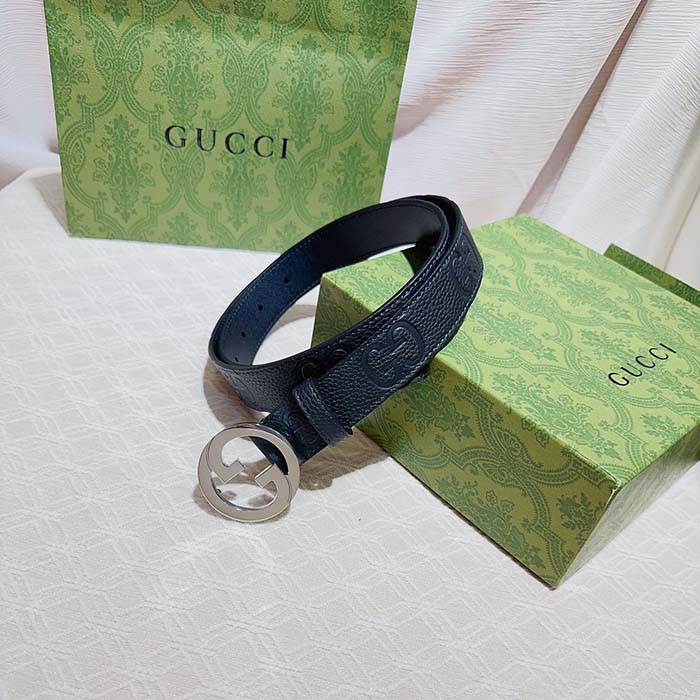 Gucci Unisex Blondie Belt Black Maxi GG Leather G Buckle 3 CM Width