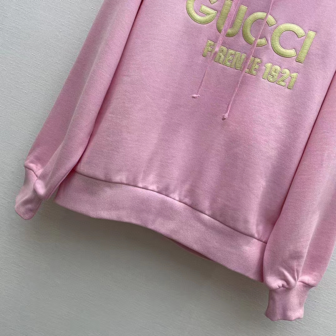 Gucci Women GG Hooded Sweatshirt Embroidery Firenze 1921 Drawstring Closure Dropped Shoulder Long Sleeves