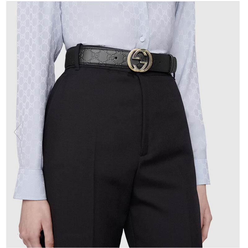 Gucci Unisex GG Signature Leather Belt Interlocking G Buckle Gold Hardware 4 cm Width