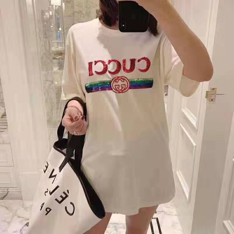 Gucci Women Oversize T-Shirt with Sequin Gucci Logo-White