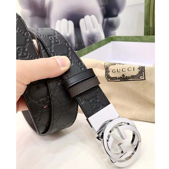 Gucci Unisex GG Reversible Gucci Signature Belt Black Leather Reverses To Brown Leather