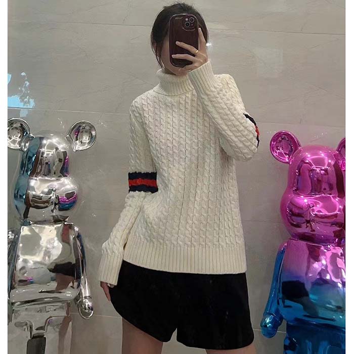 Gucci GG Women Cable Knit Wool Cashmere Sweater Ivory Blue Red Web Turtleneck Long Sleeves