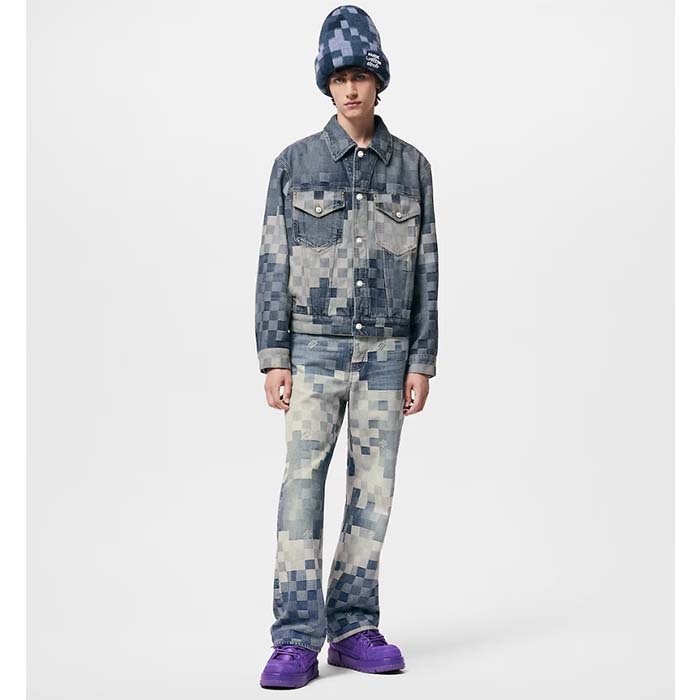 Louis Vuitton Men LV Runaway Damier Classic Denim Jacket Regular Fit Allover Damoflage Jacquard