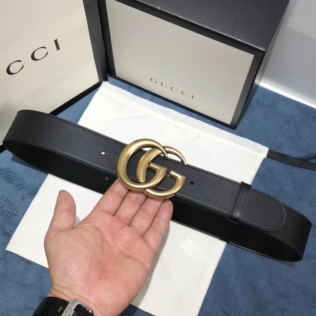 Gucci Unisex GG 2015 Re-Edition Wide Leather Belt Black Smooth Leather 3.8 CM Belt Width