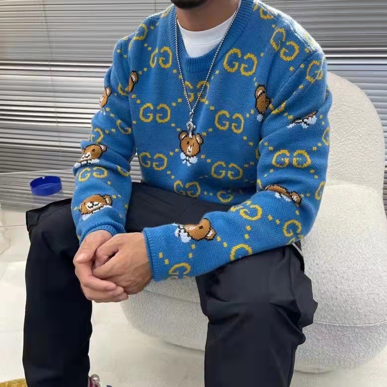 Gucci Men KAI x Gucci GG Jacquard Jumper Dark Blue Teddy Bear Wool Cotton Blend Crewneck