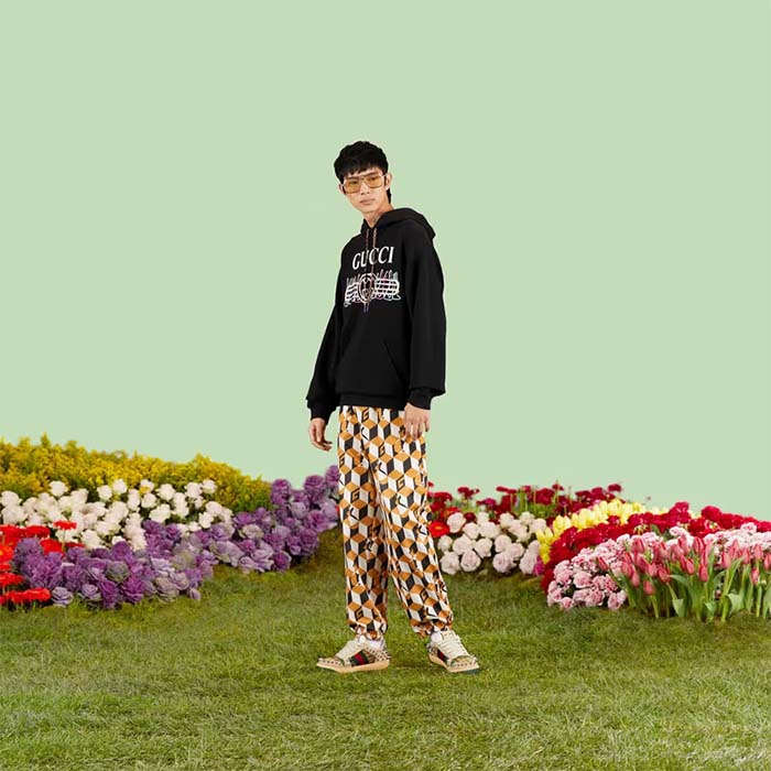 Gucci Men GG Cotton Jersey Sweatshirt Black Felted Long Sleeves Kangaroo Front Pocket