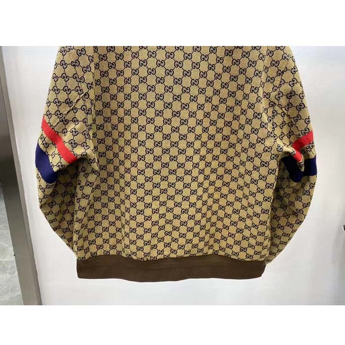 Gucci Women GG Cotton Canvas Zip Jacket Beige Blue Leather Lined Stand Collar Buttons