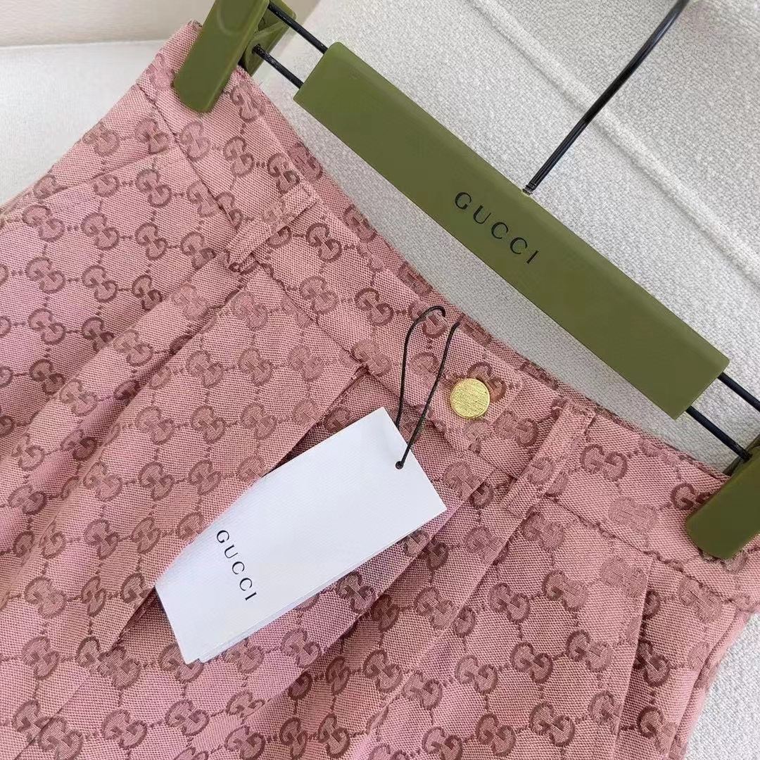 Gucci Women GG Cotton Canvas Pant Light Pink Brown Unlined Fitted Waistband Two Back Pockets