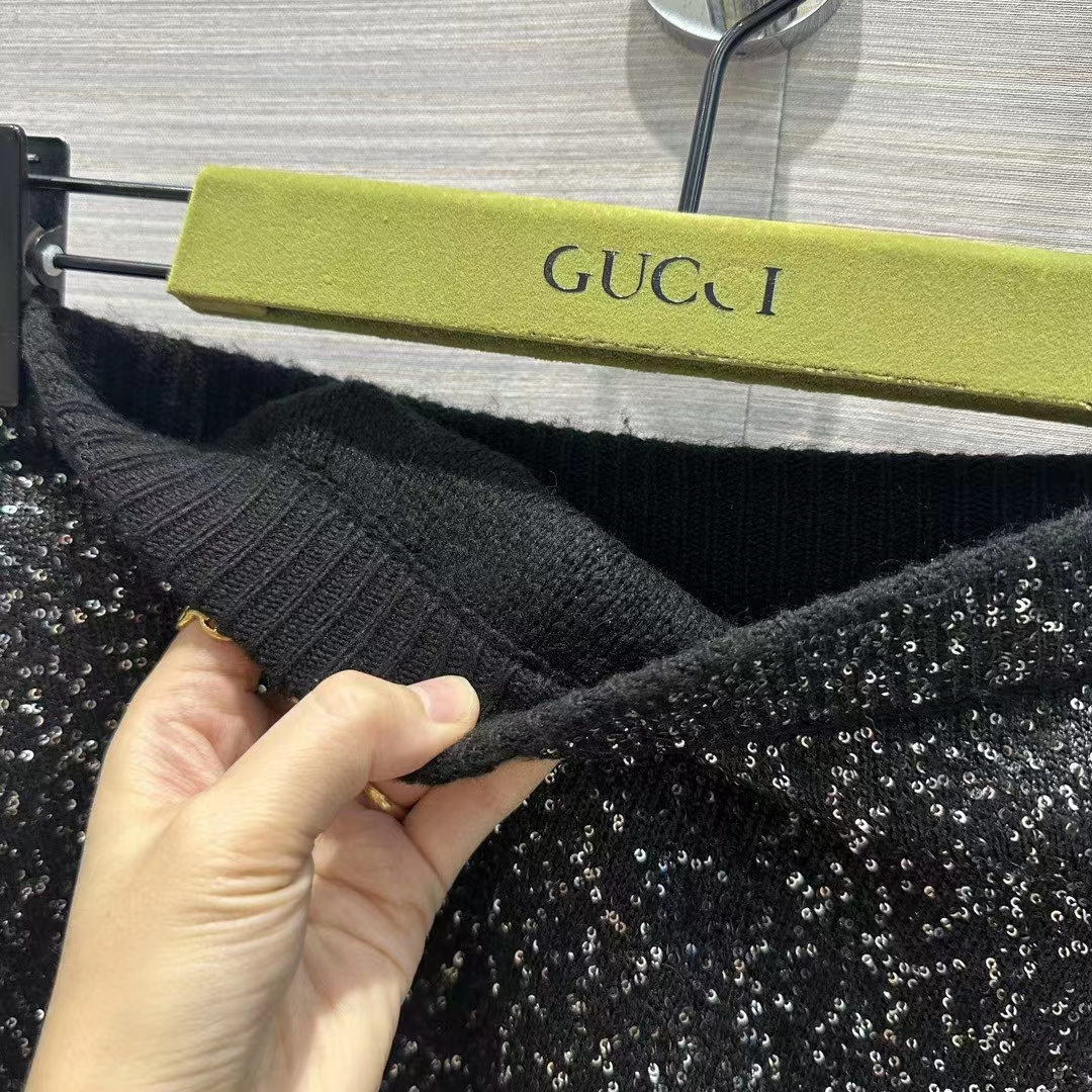 Gucci Women GG Viscose Knit Skirt Blend Sequin Embroidery Black Silver A-Line Zip Closure
