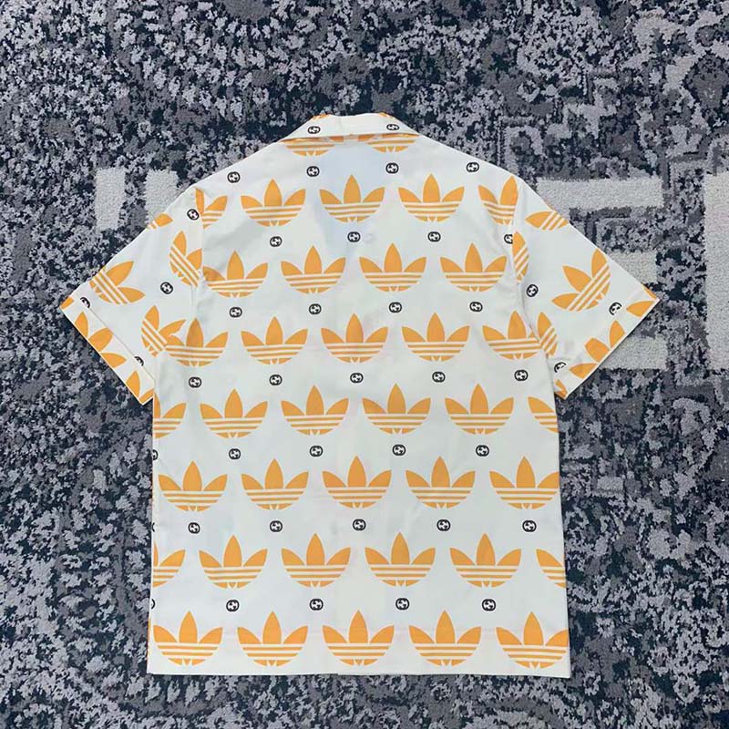 Gucci GG Men Adidas x Gucci Trefoil Print Bowling Shirt Yellow Fully Lined Viscose