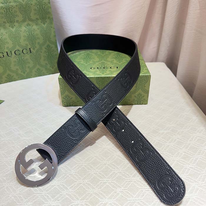 Gucci Unisex Blondie Wide Belt Black Maxi GG Leather G Buckle 4 CM Width